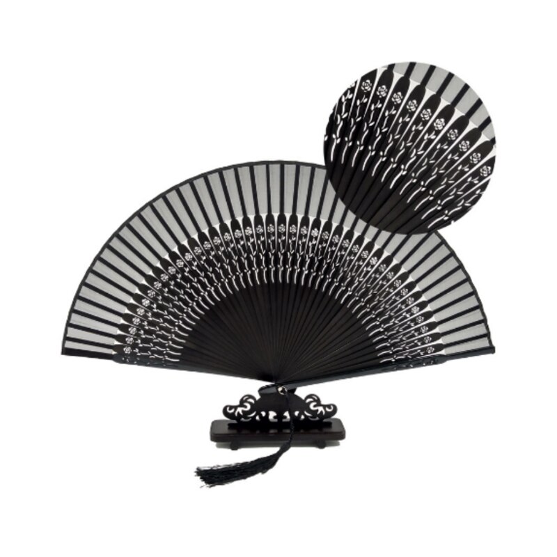Carved Hand Held Folding Fans Bamboo Wood Silk Folding Fans For Events