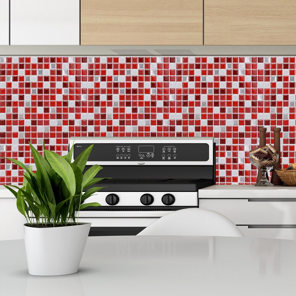 Vividtiles papier peint vinyle imperméable | Effet 3D écorce et bâton, carrelage mural mosaïque rouge coloré-1 feuille