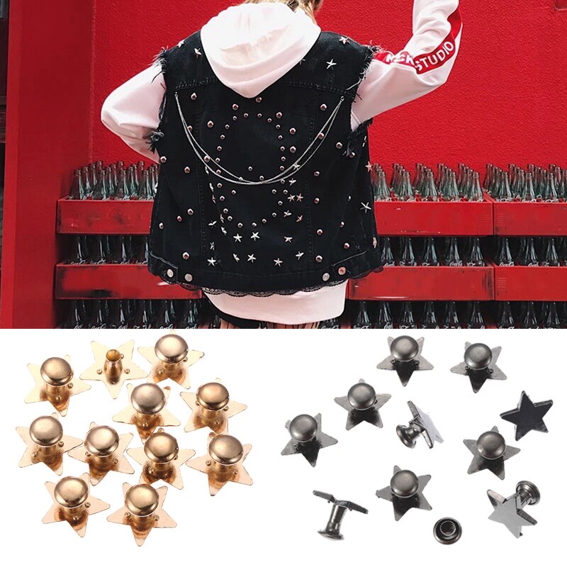 Juego de 10 tachuelas para bolsos de ropa, tachuelas y pinchos para ropa, remaches planos de estrellas, tachuelas de cuero, accesorios para ropa artesanal