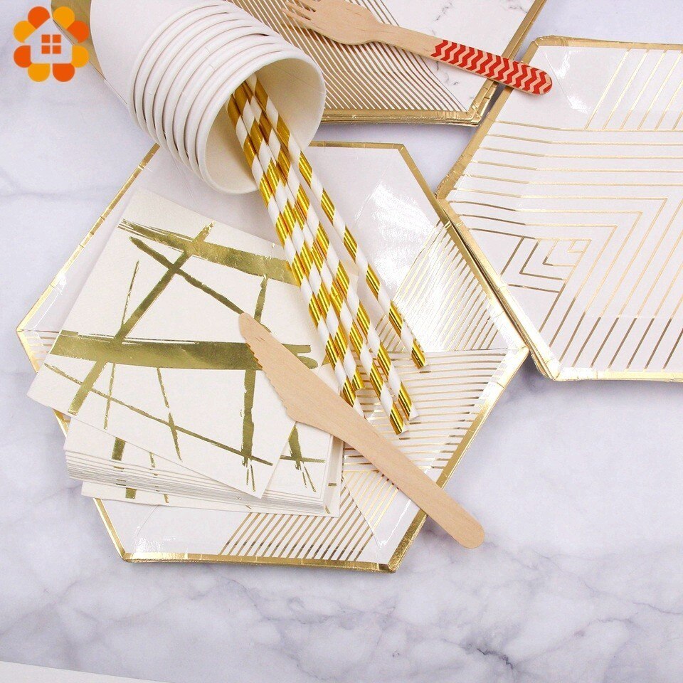 1 set vitguld marmor pappersmugg/tallrikar/servett rand engångsservis dukat bordsdekoration för bröllopsfesttillbehör