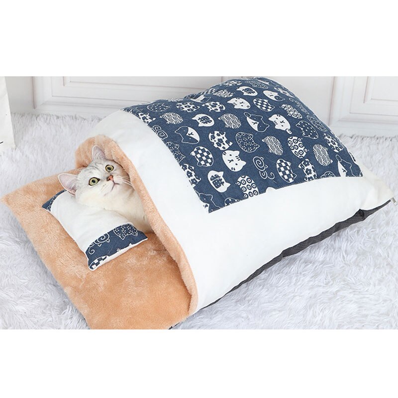 Sac de couchage amovible pour chat, lit d'hiver pour animal de compagnie, en velours, FOU99