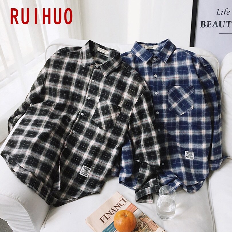 RUIHUO Plaid Shirts For Men Clothing Streetwear Men Shirt Black Long Sleeve Plaid Shirt Men Korean Clothes M-2XL
