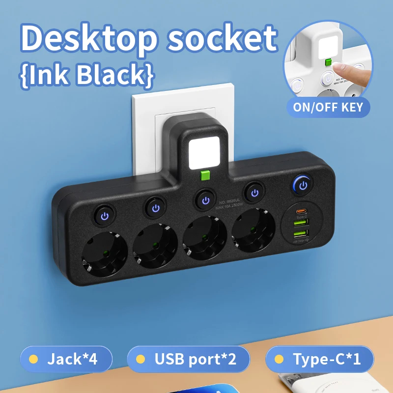 Wtyczka EU 5 gniazd Gniazdo elektryczne Bez przedłużacza z portami USB typu C Dwie specyfikacje