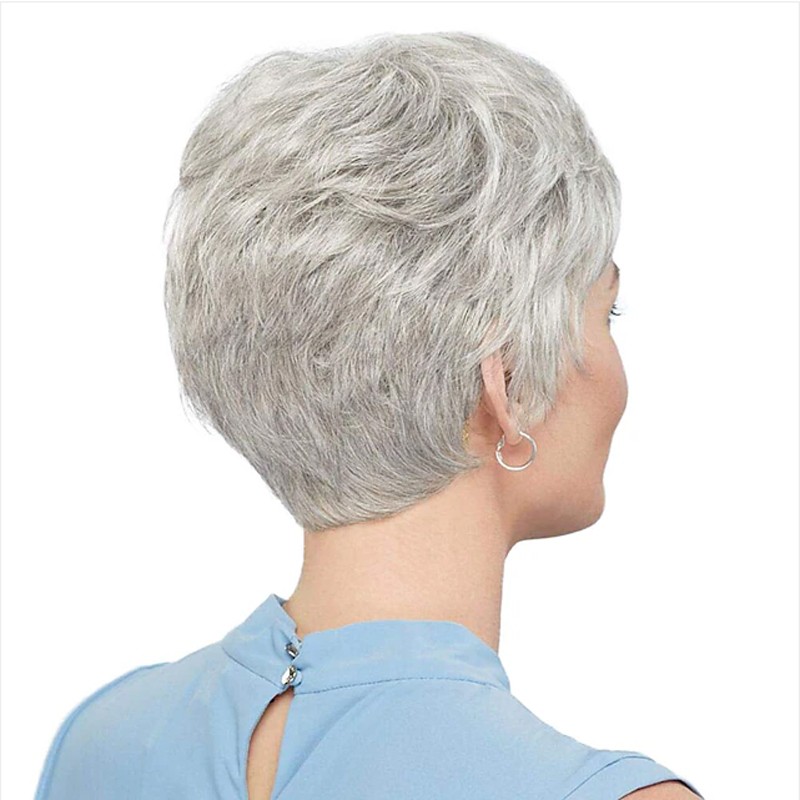 HAIRJOY Kurze graue Perücken für weiße Frauen, gemischte graue, silberne, lockige Perücken mit Pony, Oma, synthetische Kurzhaarperücken
