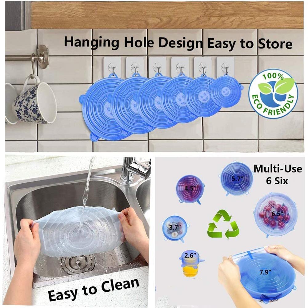 6pcs Reusable silicone stretch lids universal lid Silicone food wrap bowl pot lid Seal cover pan cooking Kitchen Stoppers