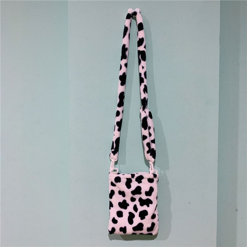 Cute Milk Cow Zebra Pattern Shoulder Bags Ladies Plush Handbag Cartoon Totes For Female Casual Bag Mini Zip Woman Purses: Small Cow Pattern