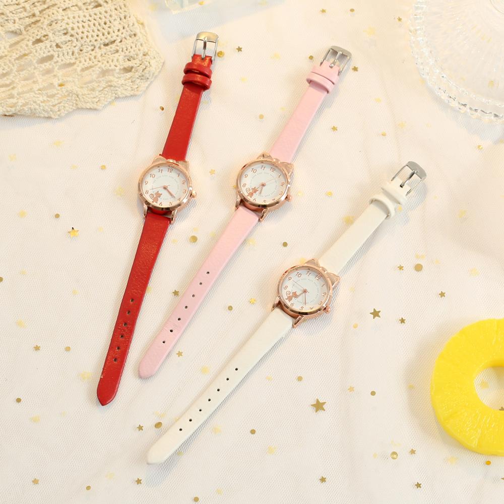 Kids Horloges Studenten Kinderen Roze Horloge Meisjes Lederen Kind Uur Kat Quartz Horloge Meisje Klokken
