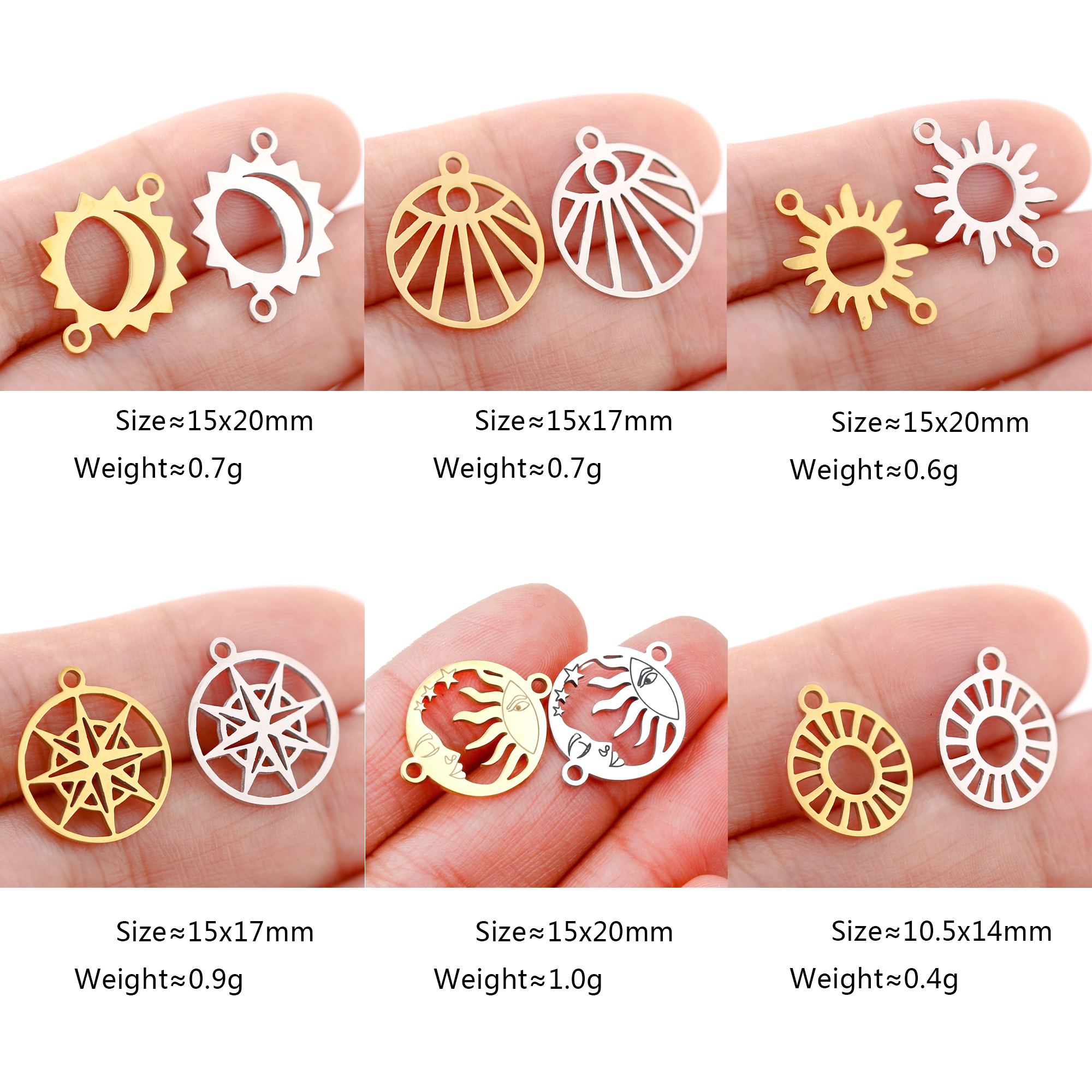 5 unids/lote de colgantes de acero inoxidable con forma de luna/sol/estrella para pulsera, collar, accesorios para hacer joyas DIY hechos a mano