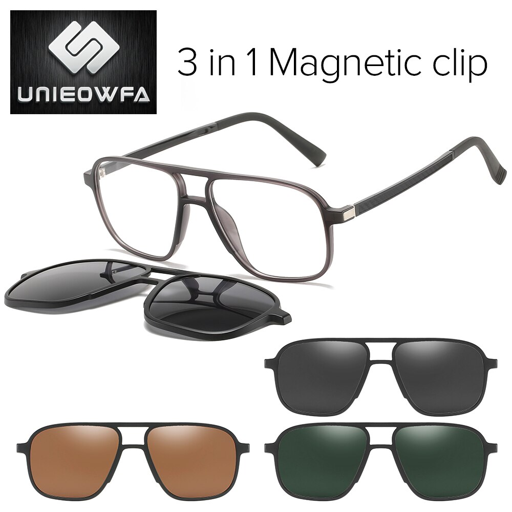 Optical Magnetic Clip on Glasses Frame Men Clear Prescription Myopia Eyeglasses Frame Polarized Magnet Clip Sunglasses Men Brand: 1910 Gray 3 in1