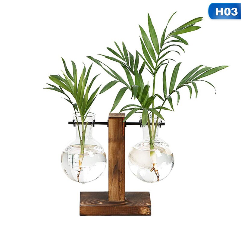 Eenvoudige en glazen flesvaas, houten standaard, hydrocultuurvaas, groene plant, kleine vaas, bureaudecoratie, scandinavische vaas: H03