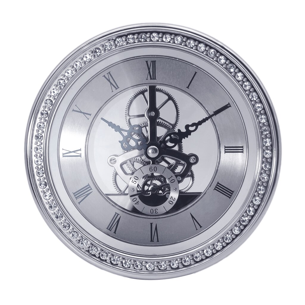 Round Quartz Clock Movement Insert Roman Numeral White Face Skeleton Gear: Silver