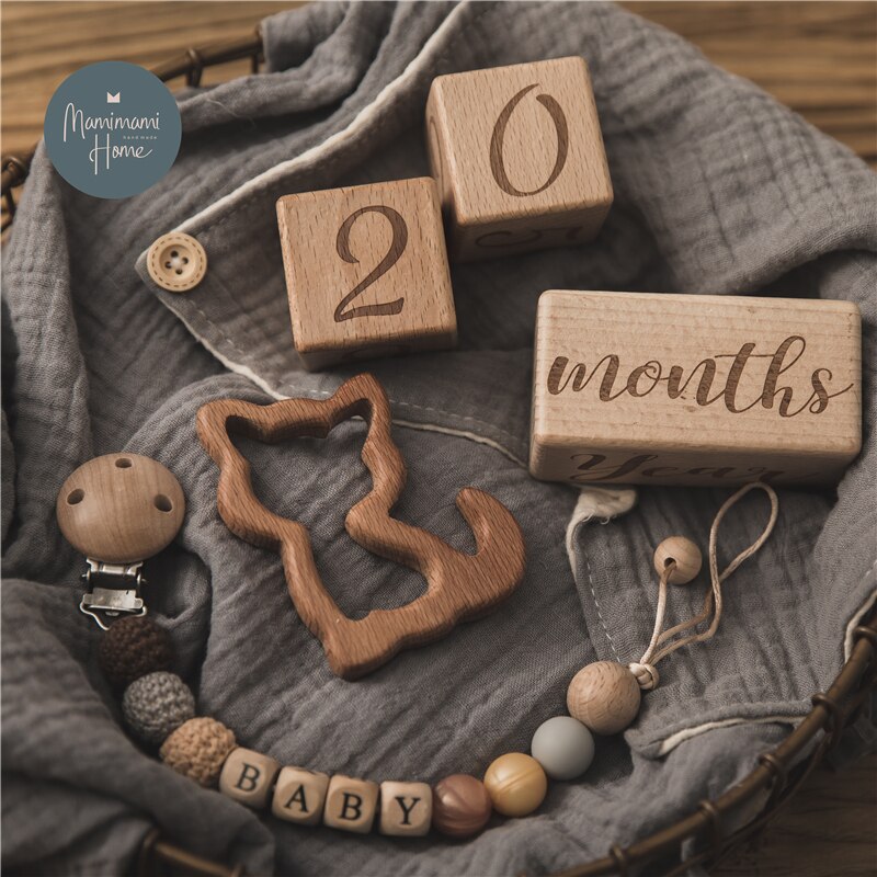 Baby Fotografie Milestone Blok Gedenkteken Maandelijkse Pasgeboren Herdenkingsmunt Kaart Houten Bijtring Baby Fotografie Props Speelgoed