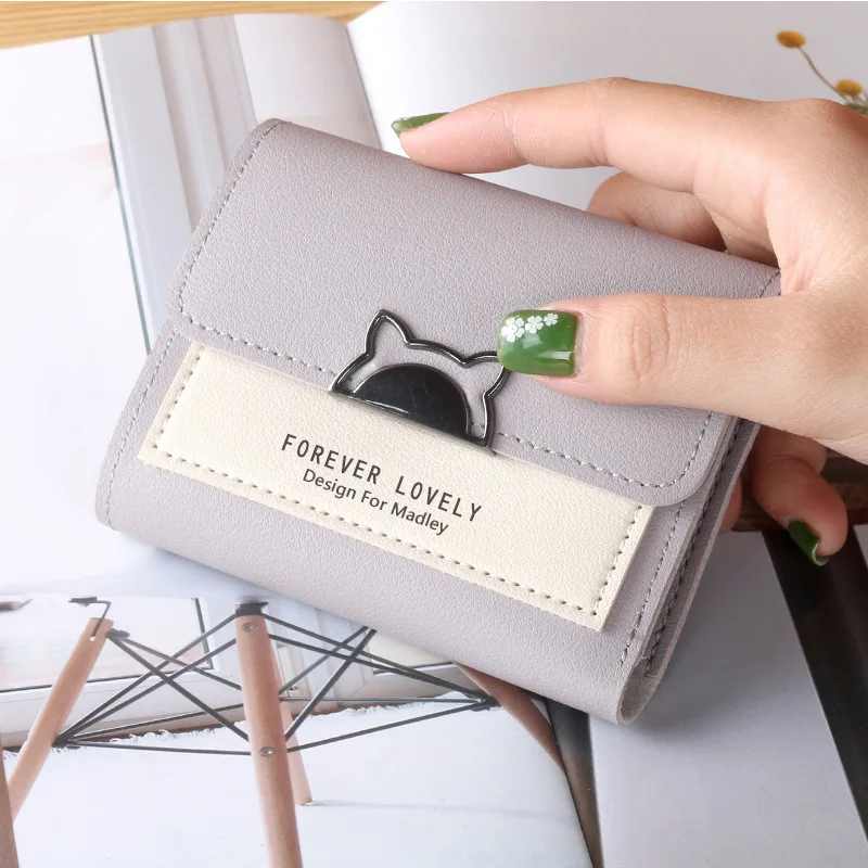 Cartera pequeña con orejas de gato para mujer, minibilletera bonita con único, monedero pequeño con hebilla de Metal contrastante, monedero portátil,: Castaño
