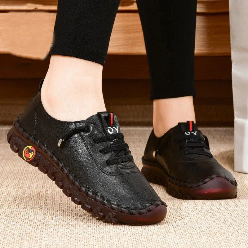 Zapatillas De deporte para Mujer, mocasines De cuero, zapatos cómodos sin cordones, hilo De coser a mano, zapatos para mamá, Zapatillas De Mujer