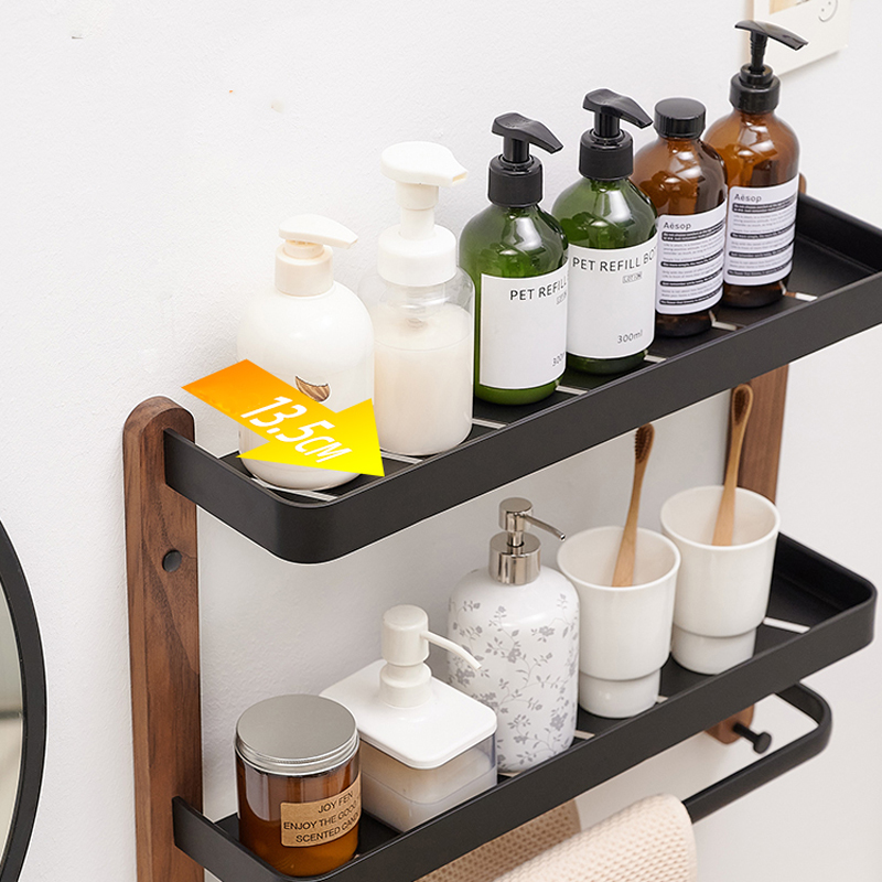 Estantes cuadrados, estante de almacenamiento de artículos de baño, estante de almacenamiento de cocina montado en la pared individual/doble, accesorios de baño de madera/aluminio