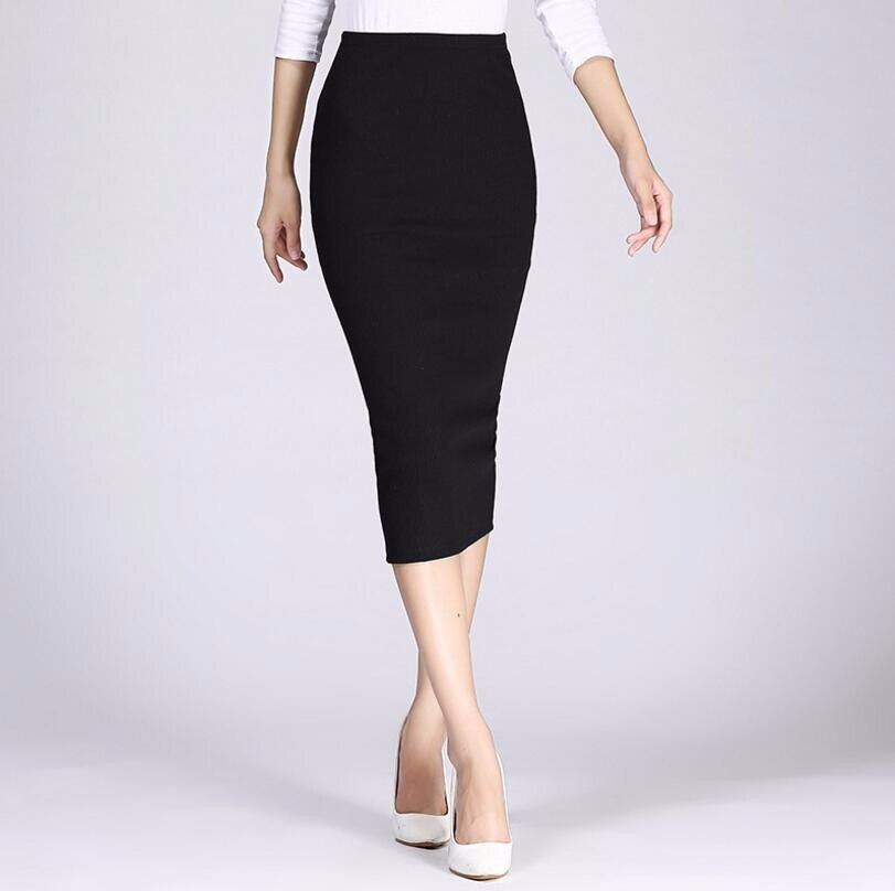 Danjeaner Vrouwen Formele Werk Hoge Wasit Gebreide Katoen Potlood Rokken Elastische Solid Slim Lange Rokken Split Pakket Hip Maxi Sketches: Black