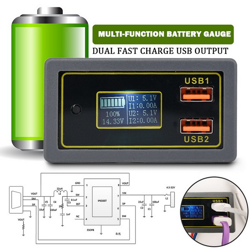 ZK-BC 4.5-32v 12v 24v Lead-acid lithium battery Voltmeter ammeter 18650 capacity tester battery monitor USB quick charger QC3.0: Default Title