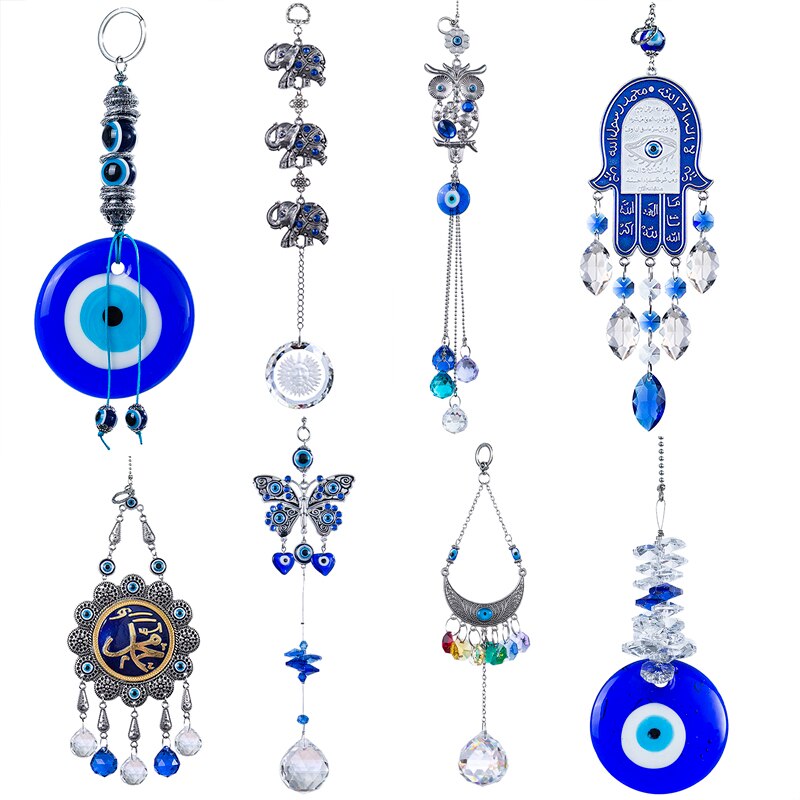 Handgemaakte Lucky Hamsa Turks Blauwe Boze Oog Kristal Suncatcher Hanger Windgong Amulet Thuis Muur Tuin Opknoping Decoratie