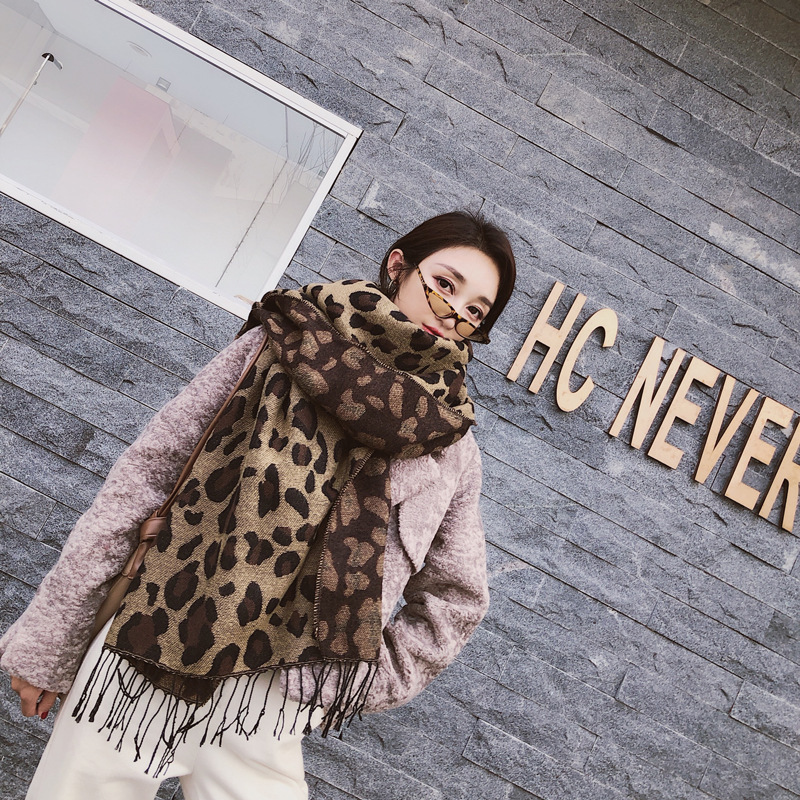 Bufanda mujer invierno estilo leopardo salvaje pelo borde decoración cálido cuello chal imitación cachemir leopardo bufanda