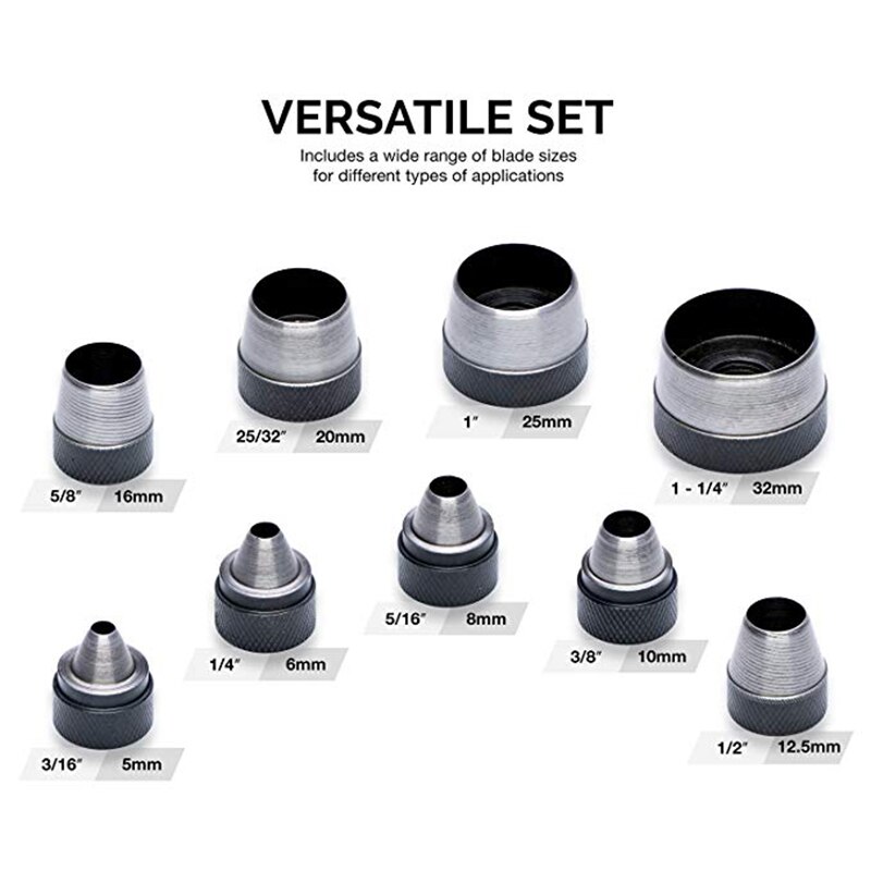 Large set of 10 best interchangeable hollow punches, heavy duty with handle, hand tool XH8Z JA10