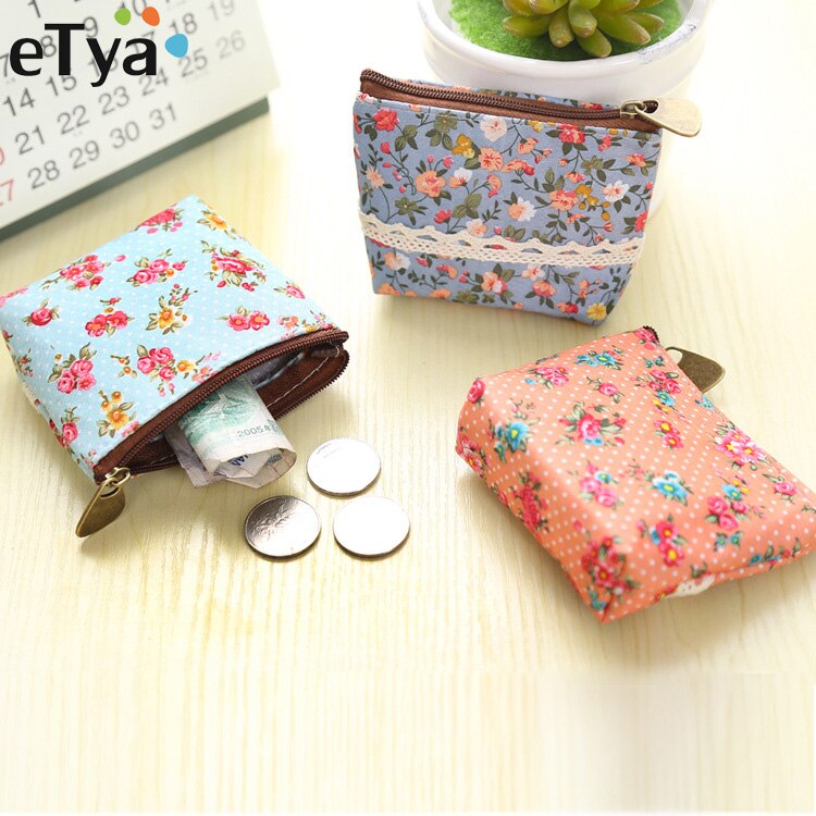 eTya Women Purses Cute Zipper Small flower Bag female Girl Headset Line Coin Purse Card Bag Clutch Wallet key bags