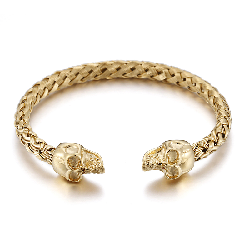 Kalen Double Skull Skull Gold Color Hip Hop Style Stainless Steel Open Bracelet Men's Jewelry: Gold-color