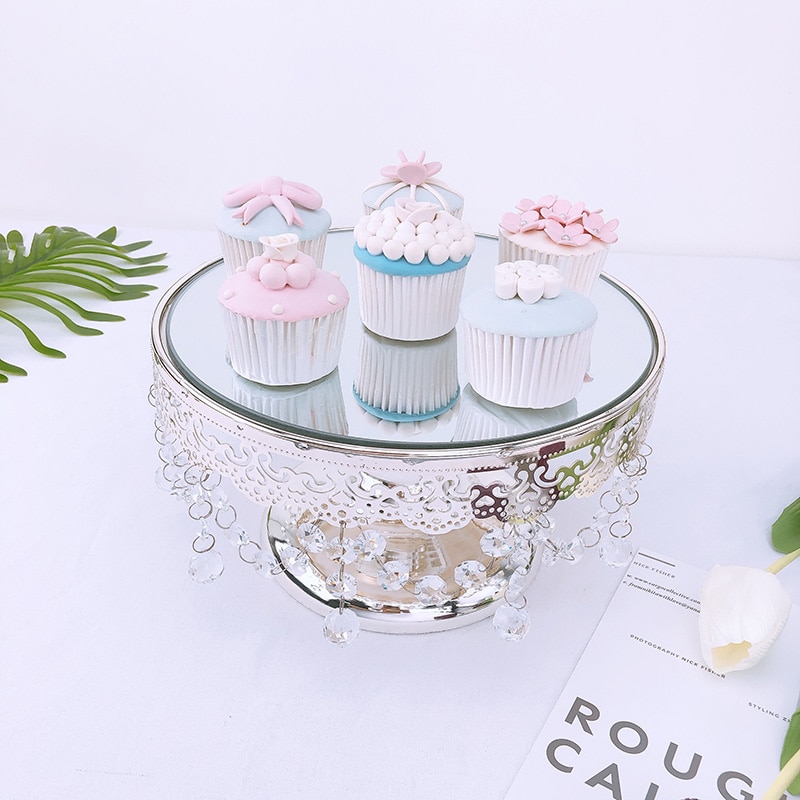 Sølv rund spejl bakke krystal kant tallerken cupcake/ makeup modtage palle 10 tommer hjemme dekoration kage bord dekoration