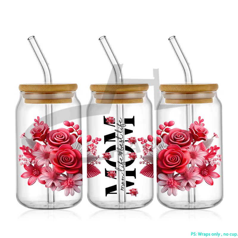 Envolturas de copa UV DTF, transferencias, del Día de la madre, pegatina para mamá, transferencia de hierro para lata de vidrio, libbey de 16oz: Medio / plum