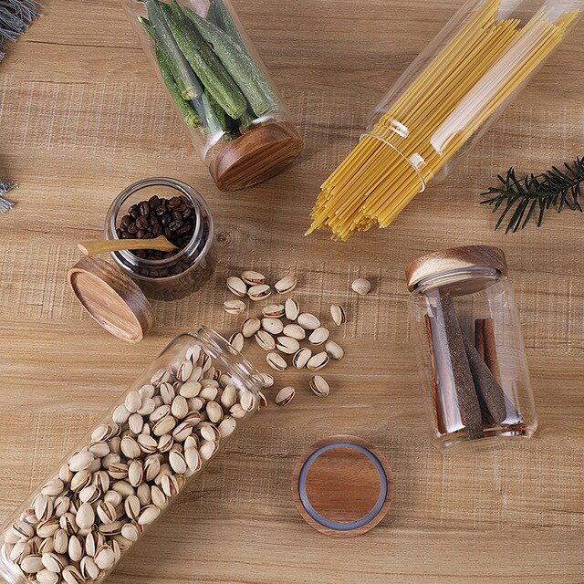 Holz Deckel Glas Luftdichten Kanister Küche Lagerung Flaschen Gläser Lebensmittel Container Körner Tee Kaffee Bohnen Körner Süssigkeit Krug Container