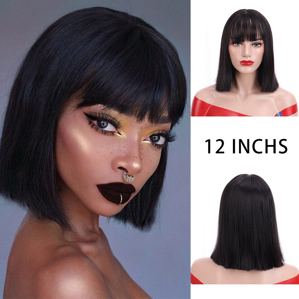 HOUYAN 12 inch straight short natural black wig with bangs women bob medium length heat resistant wig: Natural Black