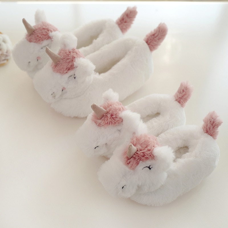 Barn unicorn tofflor för pojkar och flickor djur roliga tofflor spa hem tofflor stövlar infantil baby päls skor för familj
