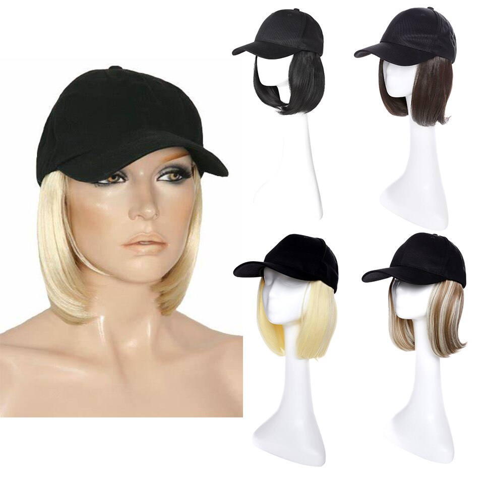 Benehair Afneembare Korte Rechte Bob Haar Zwarte Baseball Cap Haar Pruik Synthetische Pruik Cap Haar Hittebestendige Vezel Outdoor