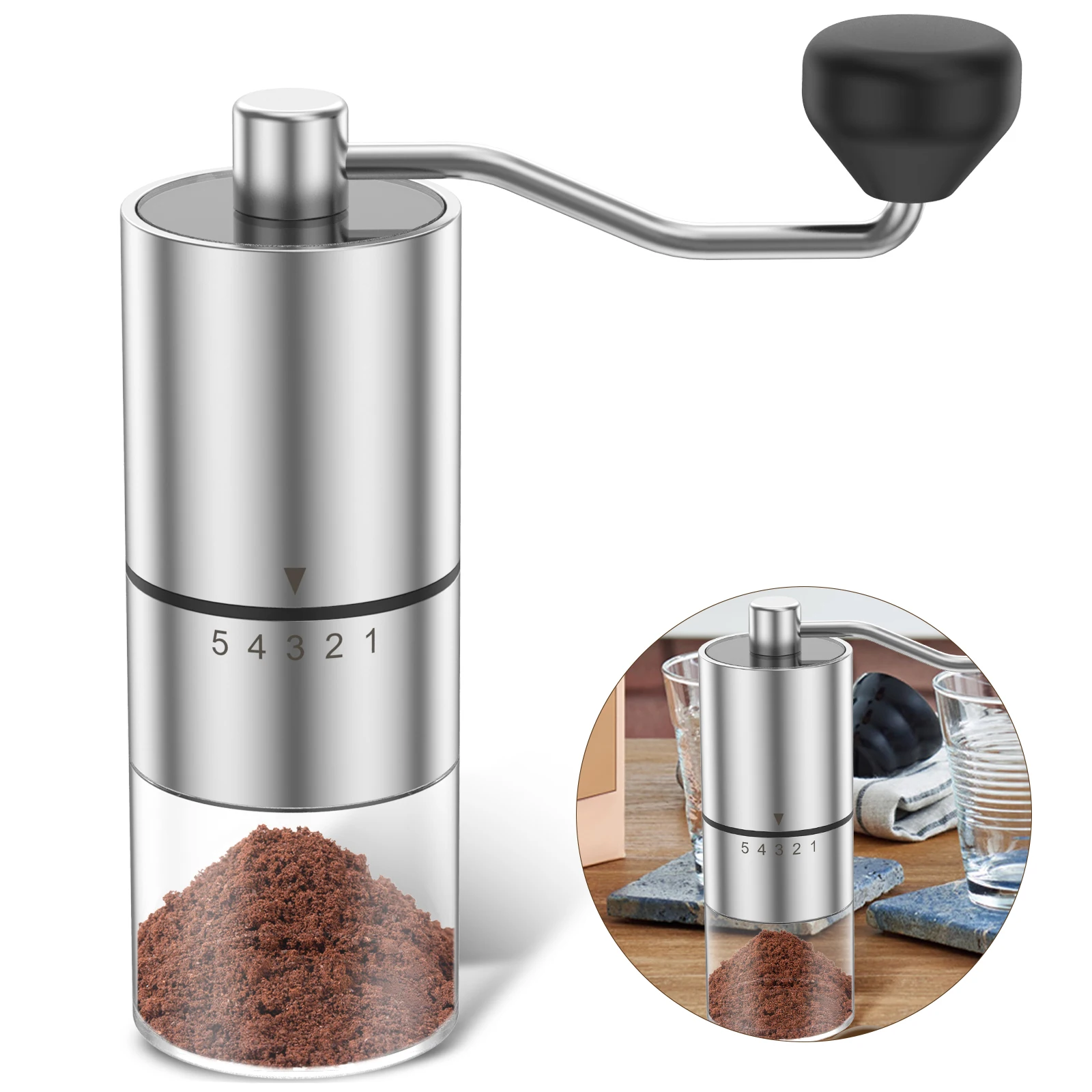 Manual Coffee Grinder, Stainless Steel Conical Burr Portable Mill for Espresso to French Press Coffee Hand Grinder