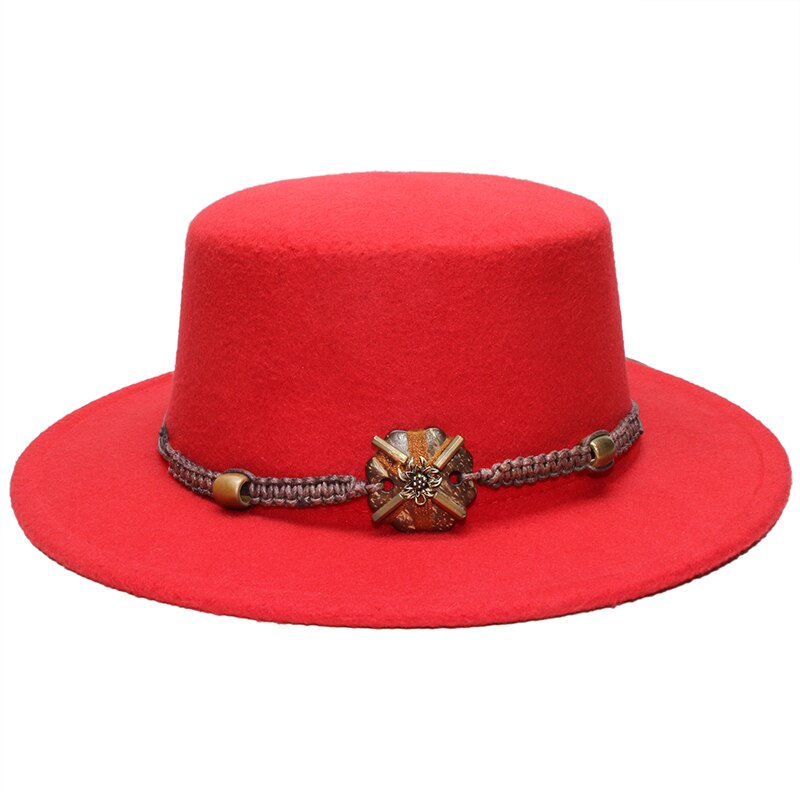 Retro Unisex Women Men /Kid Child Wool Fedora Flat Dome Oval Top Bowler Porkpie Pork-pie Hat Wood Bead Knitted Band (54/57cm): Red / Kid Size 54cm