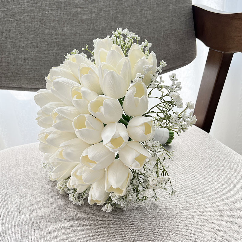 Ramo de novia, accesorios de boda, tulipanes, aliento del bebé, flores artificiales, ramo de novia, centro de mesa, decoración de aniversario