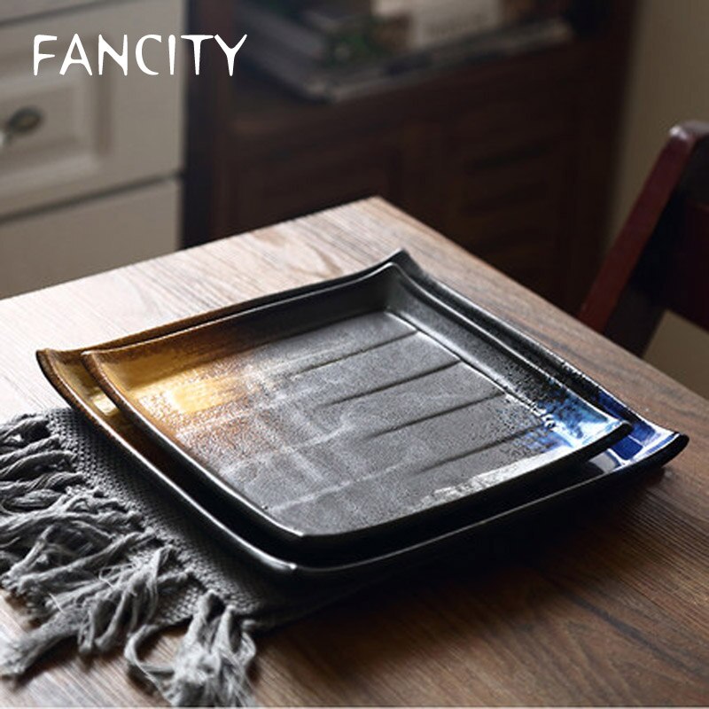 FANCITY Japanese retro ceramic square plate restaurant special dish sushi plate cooking plate irregular plate