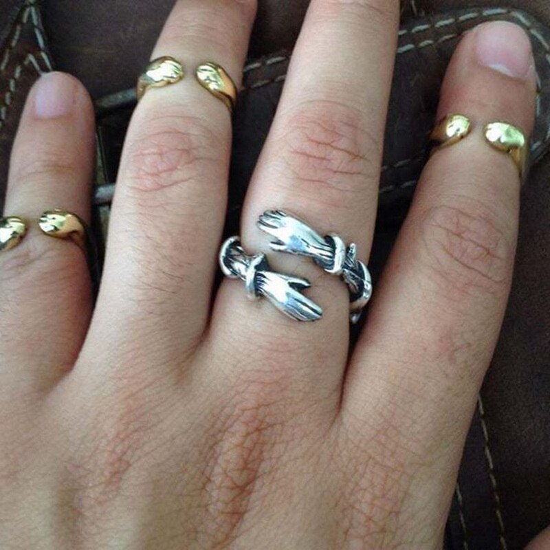 Mode Hand Knuffel Vinger Palm Opening Ringen Voor Mannen Vrouwen Paar Sieraden Zilver Kleur Verstelbare Partij Daily Accessoires