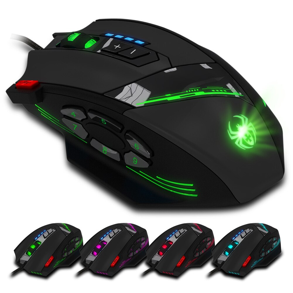 ZELOTES-ratón óptico C-12 para videojuegos, Mouse con cable USB, 4 engranajes, 4000DPI, ajustable, con retroiluminación colorida, 12 Botones programables