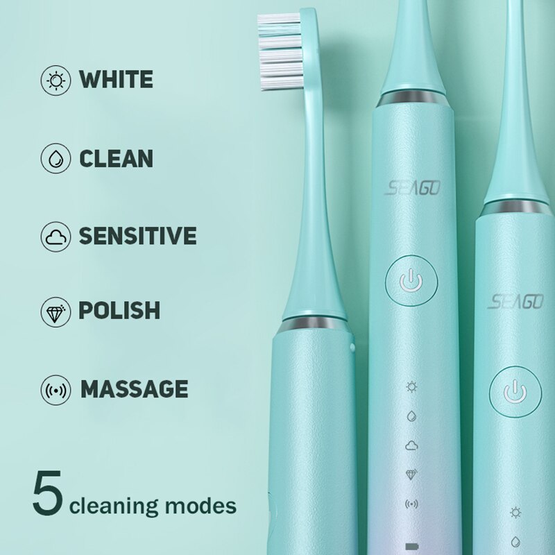 SEAGO – brosse à dents électrique Rechargeable pour adulte, sonique, étanche, 5 têtes, boîte de voyage, recommandé par le dentiste