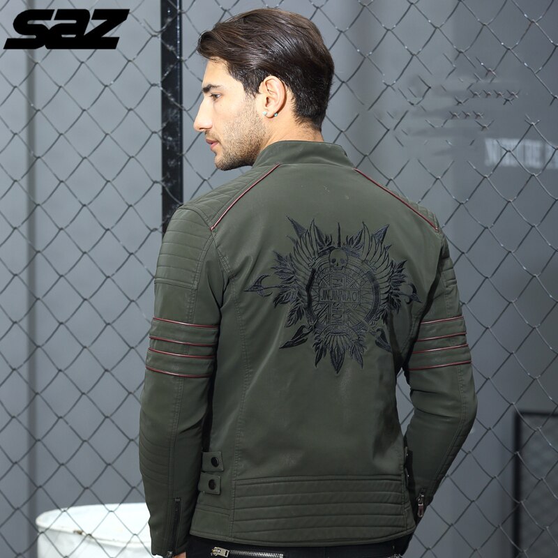 Saz män broderi dödskalle motorcykel skinnjackor biker läder kappa vinter varm casual jacka för män