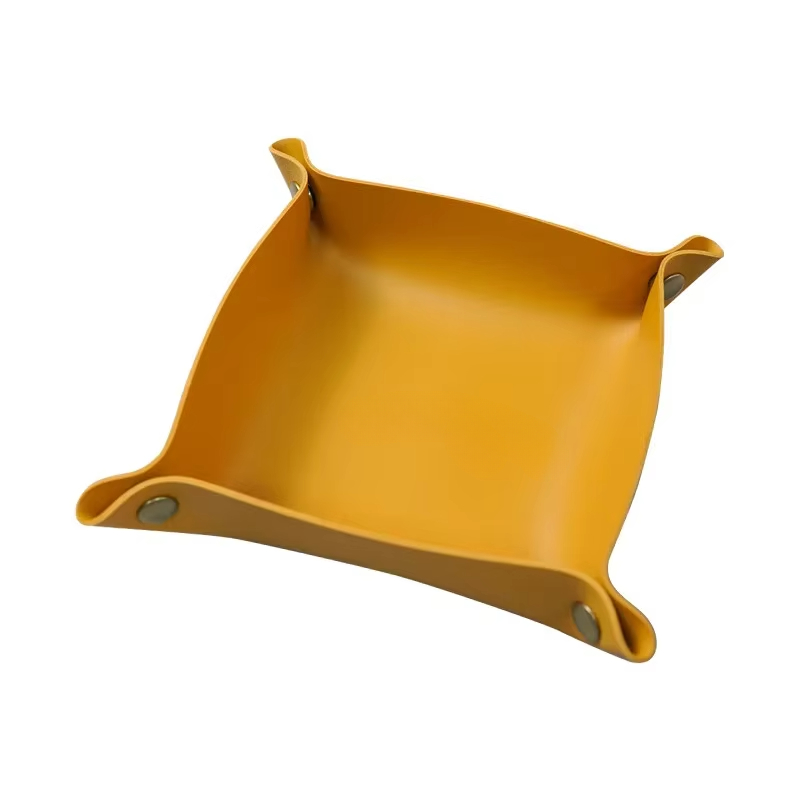 Caja de almacenamiento de cuero nórdico, bandeja de almacenamiento de escritorio, joyería, cesta de almacenamiento de llaves y cosméticos, estuche de almacenamiento plegable, organizador de mesa: YELLOW