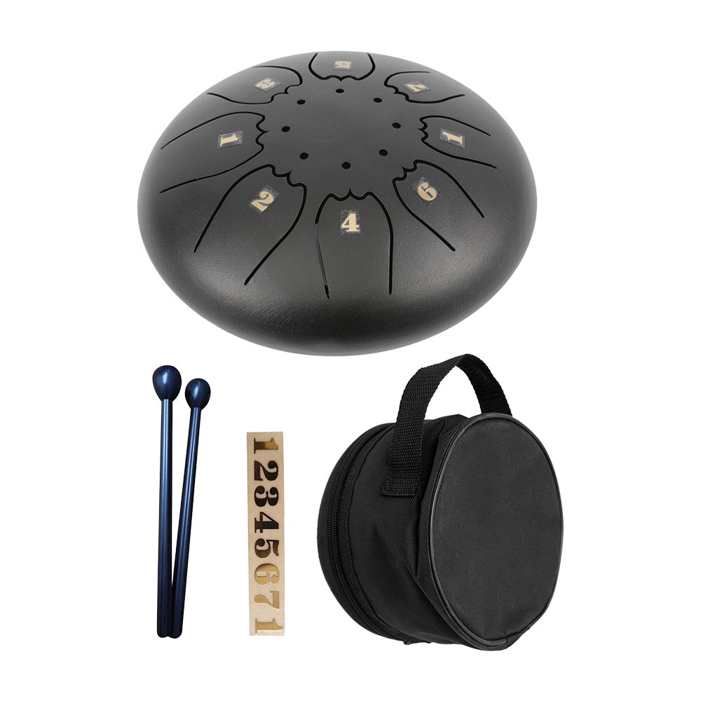 Mini Steel Tongue Drum Metal Hand Drum 5 Inch C Tone 8 Notes Percussion Instrument Stainless Steel with Storage Bag Drumstick: Black