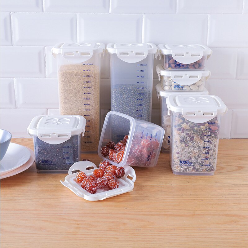 Plastic Containers for Food Storage with Scale Bar Mark Square Kitchen Storage Container Grain Rice Fruit Coffee Sealed Cans Set