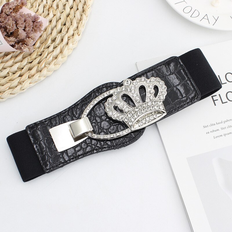 Ceintures pour femmes noires, taille élastique Simple pour dames, boucle de ceinture en métal avec décoration en diamant, pull robe à la ,: E