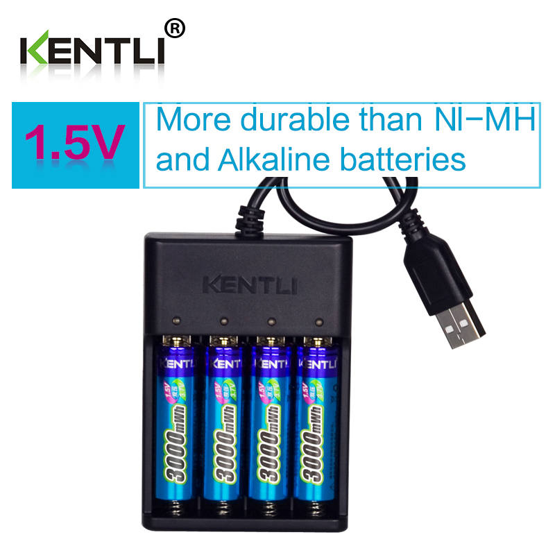4pcs KENTLI AA 1.5V 3000mWh polymer lithium li-ion rechargeable batteries battery+4 slots USB li-ion battery charger