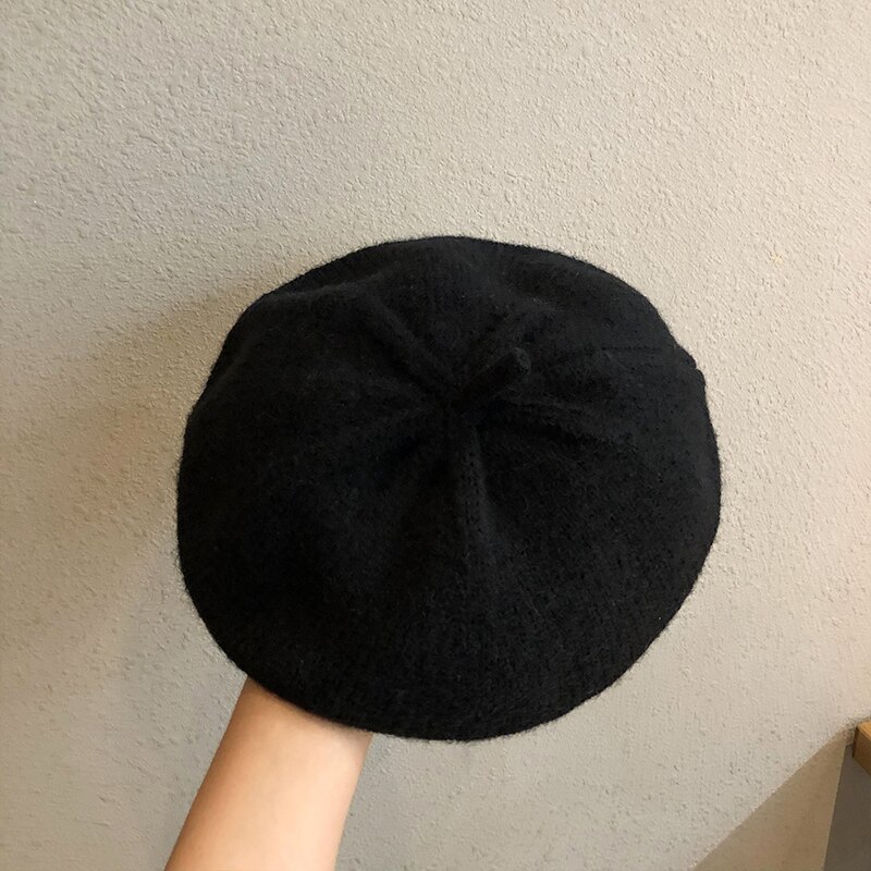 Mix farve strik baret hue dame hue baret hatte vinter forår afslappet uld baretter til kvinder piger: Sort