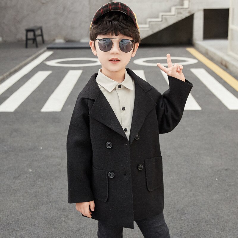 Casacos de inverno meninos sólido duplo breasted menino trench coat lapela outono crianças outerwear casacos de lã casaco para meninos 5 6 8 10 12 anos