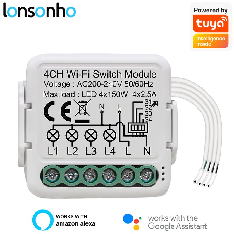 Lonsonho Tuya Smart Life WiFi Smart Light Switch Module Relay 1 2 3 4 Gang Wireless Remote Control Alexa Google Home Compatible