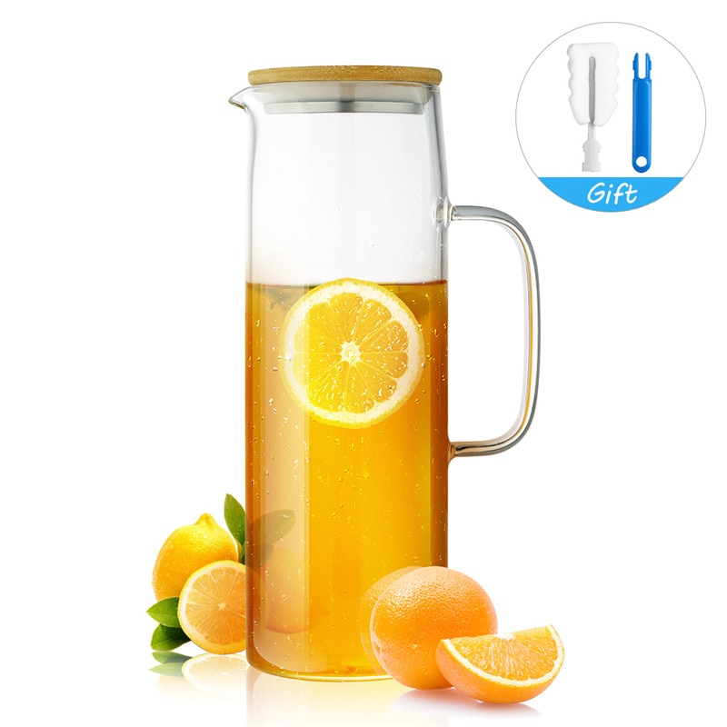 Glaskanna tekanna kallvatten vattenkokare hög borosilikatglas juicebehållare frukt citron rostfritt stål lock 1300ml