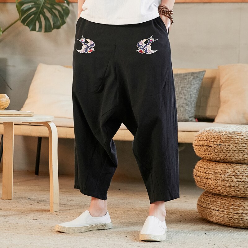 5xl herre bukser i skridtet sommer baggy hørbukser plus størrelse mandlige elastik talje swarrow print vilde ben cross bukser xxxxxl